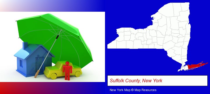 types of insurance; Suffolk County, New York highlighted in red on a map