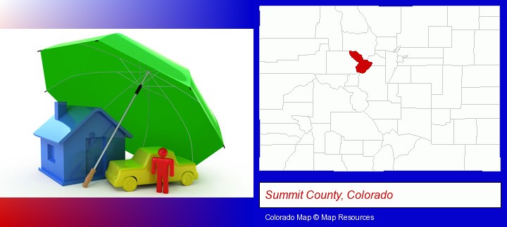 types of insurance; Summit County, Colorado highlighted in red on a map