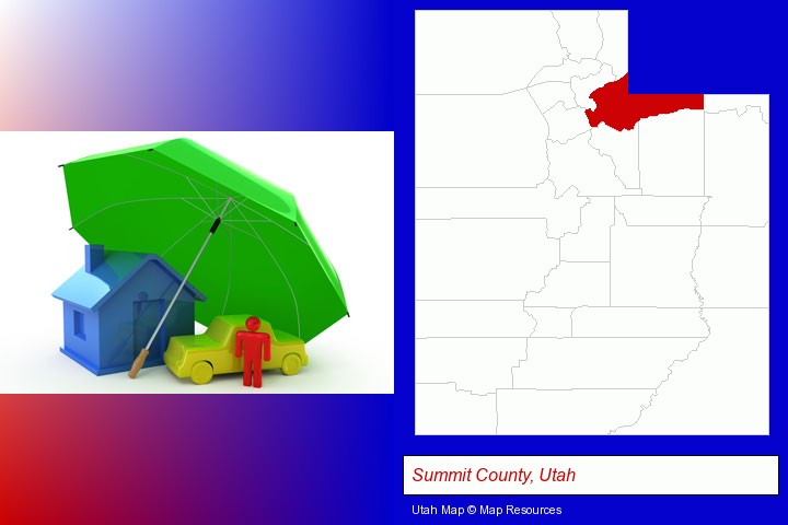 types of insurance; Summit County, Utah highlighted in red on a map