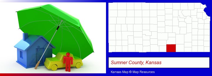 types of insurance; Sumner County, Kansas highlighted in red on a map
