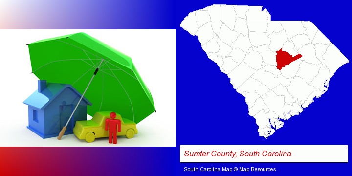types of insurance; Sumter County, South Carolina highlighted in red on a map
