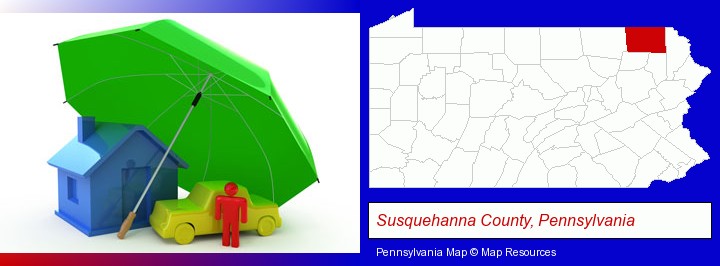 types of insurance; Susquehanna County, Pennsylvania highlighted in red on a map