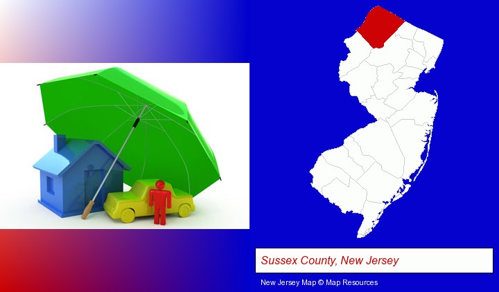 types of insurance; Sussex County, New Jersey highlighted in red on a map