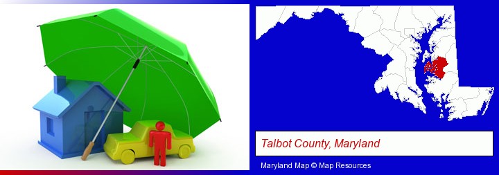 types of insurance; Talbot County, Maryland highlighted in red on a map