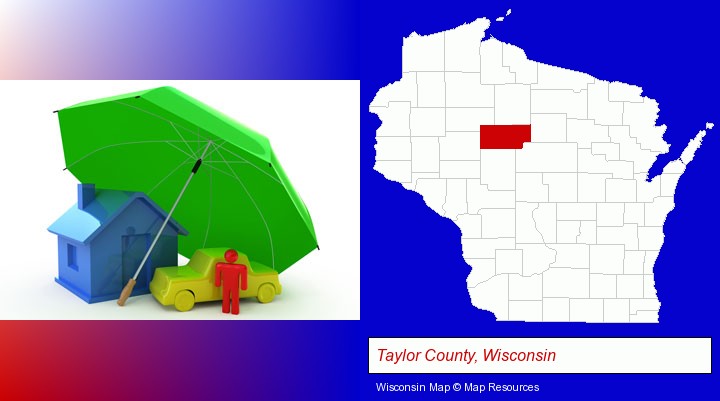 types of insurance; Taylor County, Wisconsin highlighted in red on a map