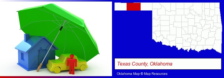 types of insurance; Texas County, Oklahoma highlighted in red on a map