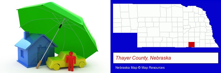 types of insurance; Thayer County, Nebraska highlighted in red on a map