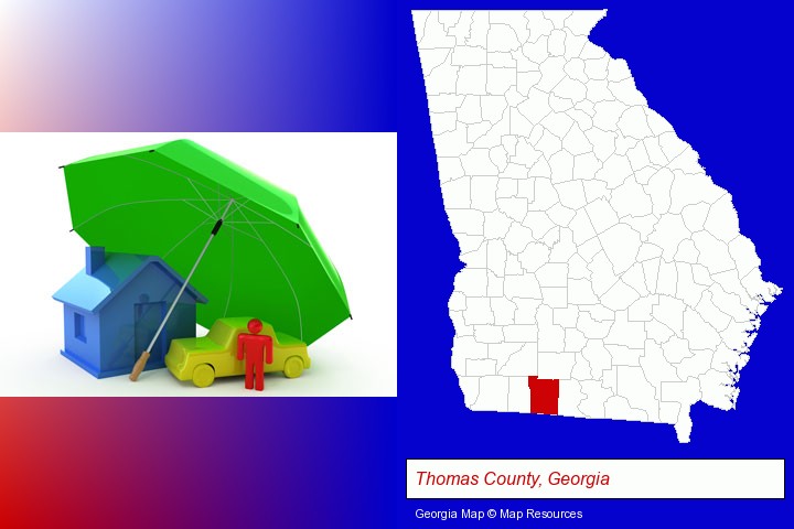 types of insurance; Thomas County, Georgia highlighted in red on a map
