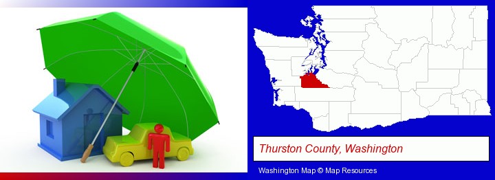 types of insurance; Thurston County, Washington highlighted in red on a map