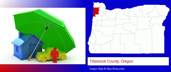 types of insurance; Tillamook County, Oregon highlighted in red on a map