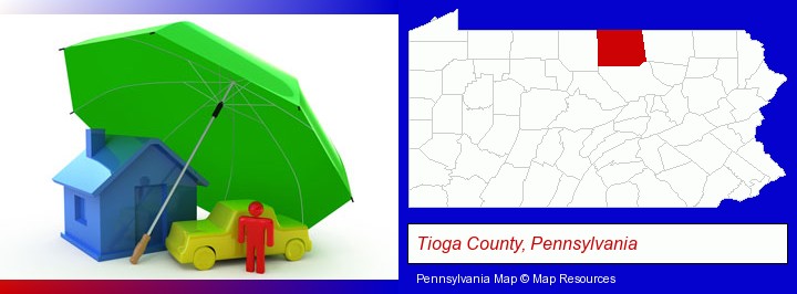 types of insurance; Tioga County, Pennsylvania highlighted in red on a map