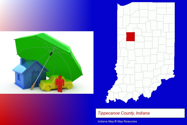 types of insurance; Tippecanoe County, Indiana highlighted in red on a map