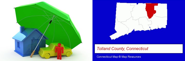 types of insurance; Tolland County, Connecticut highlighted in red on a map