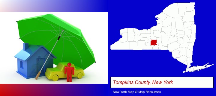 types of insurance; Tompkins County, New York highlighted in red on a map