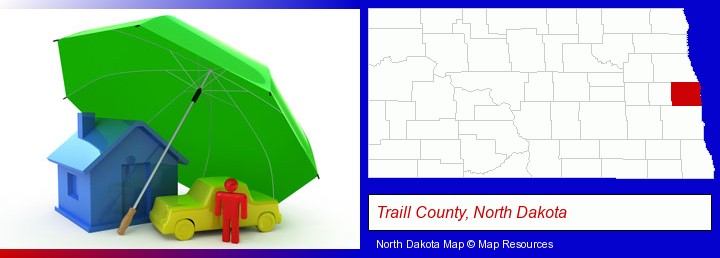 types of insurance; Traill County, North Dakota highlighted in red on a map
