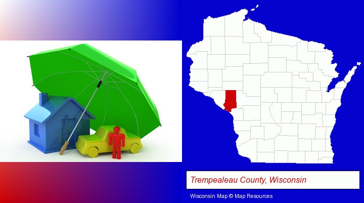 types of insurance; Trempealeau County, Wisconsin highlighted in red on a map