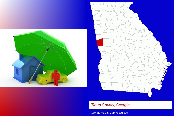 types of insurance; Troup County, Georgia highlighted in red on a map