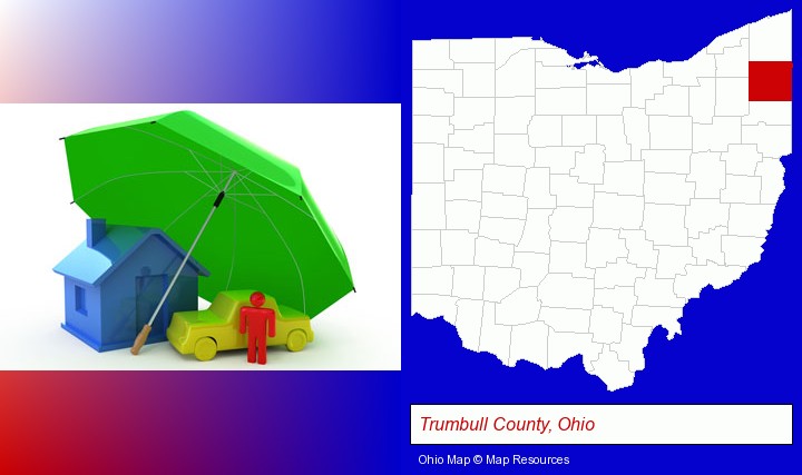 types of insurance; Trumbull County, Ohio highlighted in red on a map