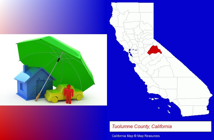 types of insurance; Tuolumne County, California highlighted in red on a map