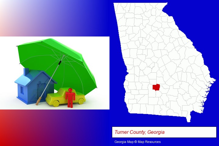 types of insurance; Turner County, Georgia highlighted in red on a map