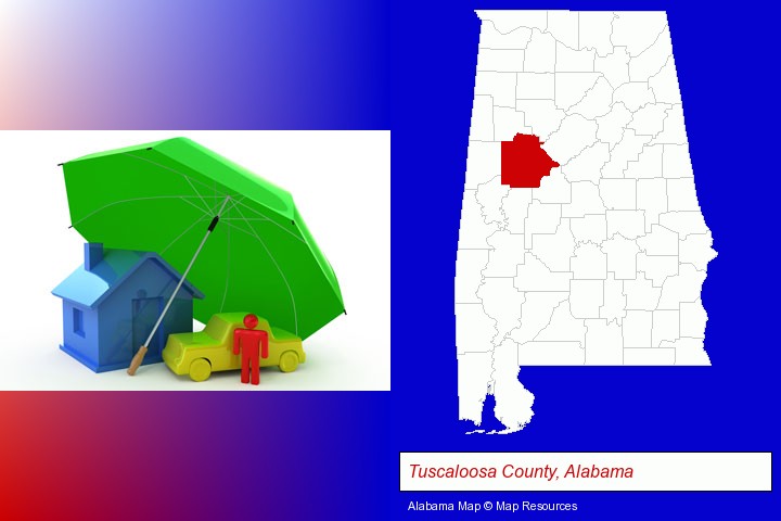 types of insurance; Tuscaloosa County, Alabama highlighted in red on a map