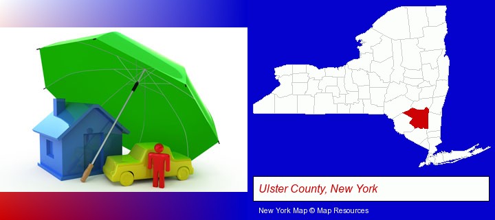 types of insurance; Ulster County, New York highlighted in red on a map
