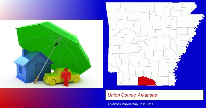types of insurance; Union County, Arkansas highlighted in red on a map
