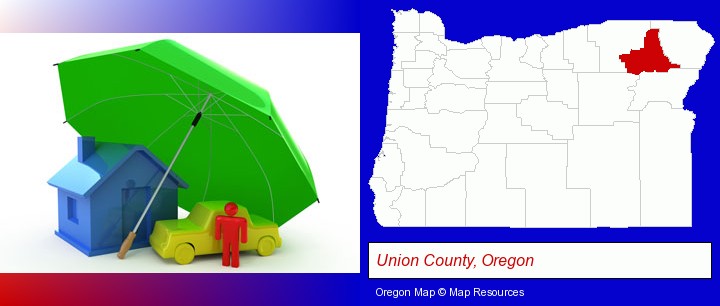 types of insurance; Union County, Oregon highlighted in red on a map