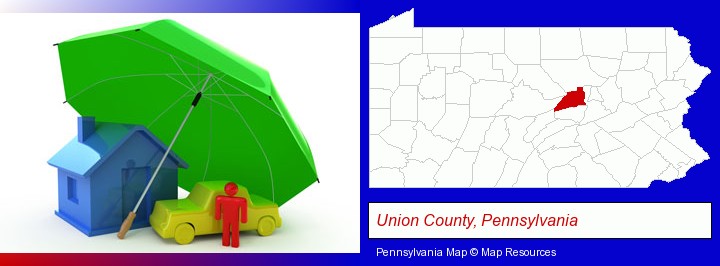 types of insurance; Union County, Pennsylvania highlighted in red on a map