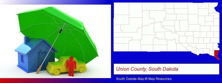 types of insurance; Union County, South Dakota highlighted in red on a map