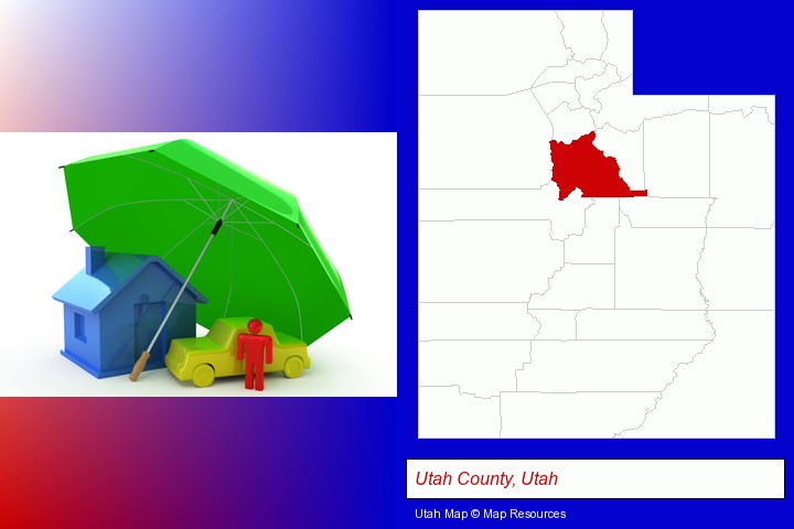 types of insurance; Utah County, Utah highlighted in red on a map