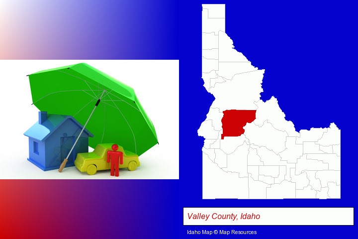 types of insurance; Valley County, Idaho highlighted in red on a map
