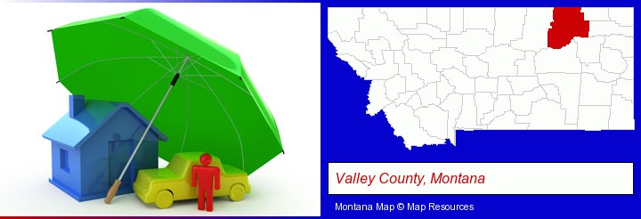 types of insurance; Valley County, Montana highlighted in red on a map
