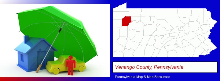 types of insurance; Venango County, Pennsylvania highlighted in red on a map