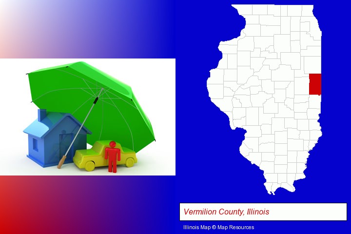 types of insurance; Vermilion County, Illinois highlighted in red on a map