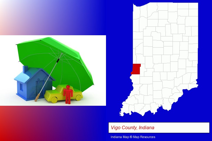 types of insurance; Vigo County, Indiana highlighted in red on a map
