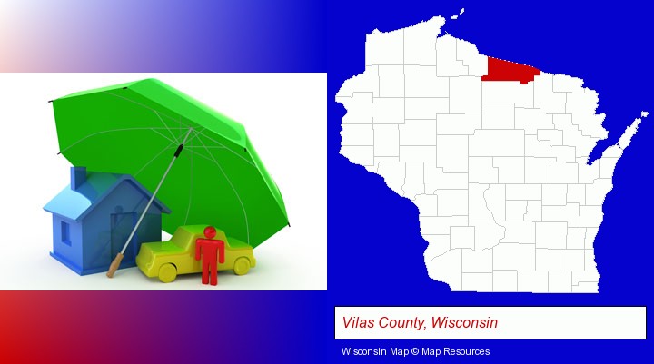 types of insurance; Vilas County, Wisconsin highlighted in red on a map