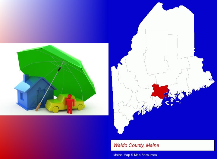 types of insurance; Waldo County, Maine highlighted in red on a map