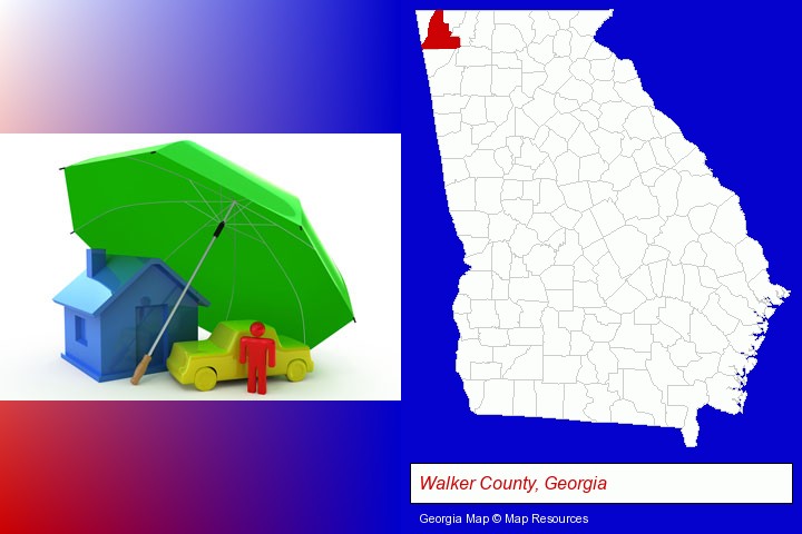 types of insurance; Walker County, Georgia highlighted in red on a map