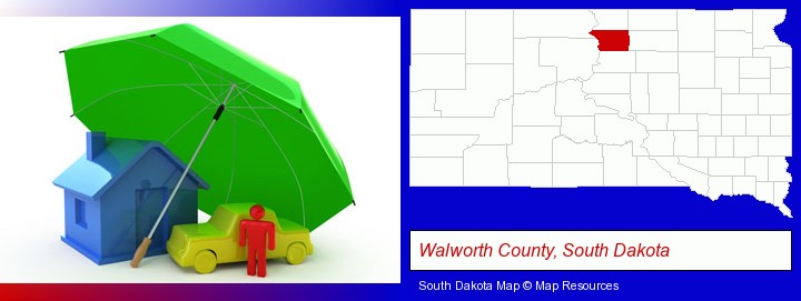 types of insurance; Walworth County, South Dakota highlighted in red on a map