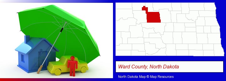 types of insurance; Ward County, North Dakota highlighted in red on a map