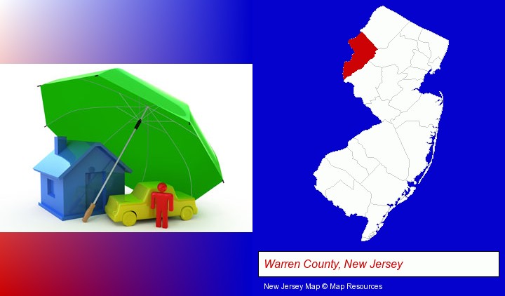 types of insurance; Warren County, New Jersey highlighted in red on a map