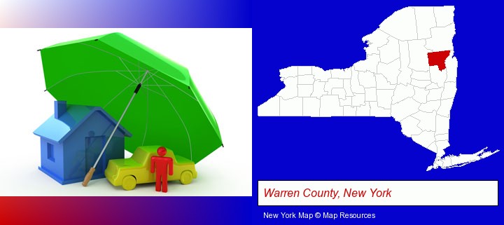 types of insurance; Warren County, New York highlighted in red on a map