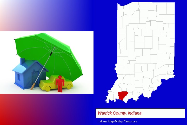 types of insurance; Warrick County, Indiana highlighted in red on a map