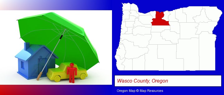 types of insurance; Wasco County, Oregon highlighted in red on a map