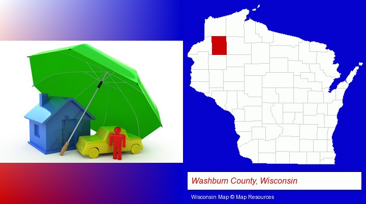 types of insurance; Washburn County, Wisconsin highlighted in red on a map