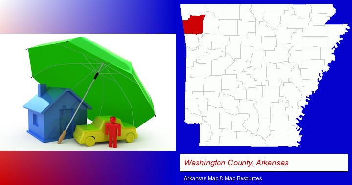 types of insurance; Washington County, Arkansas highlighted in red on a map