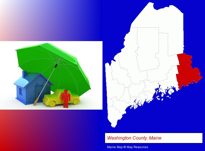 types of insurance; Washington County, Maine highlighted in red on a map