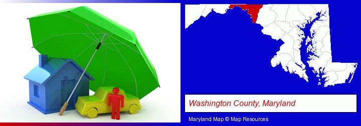types of insurance; Washington County, Maryland highlighted in red on a map
