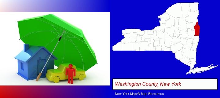 types of insurance; Washington County, New York highlighted in red on a map